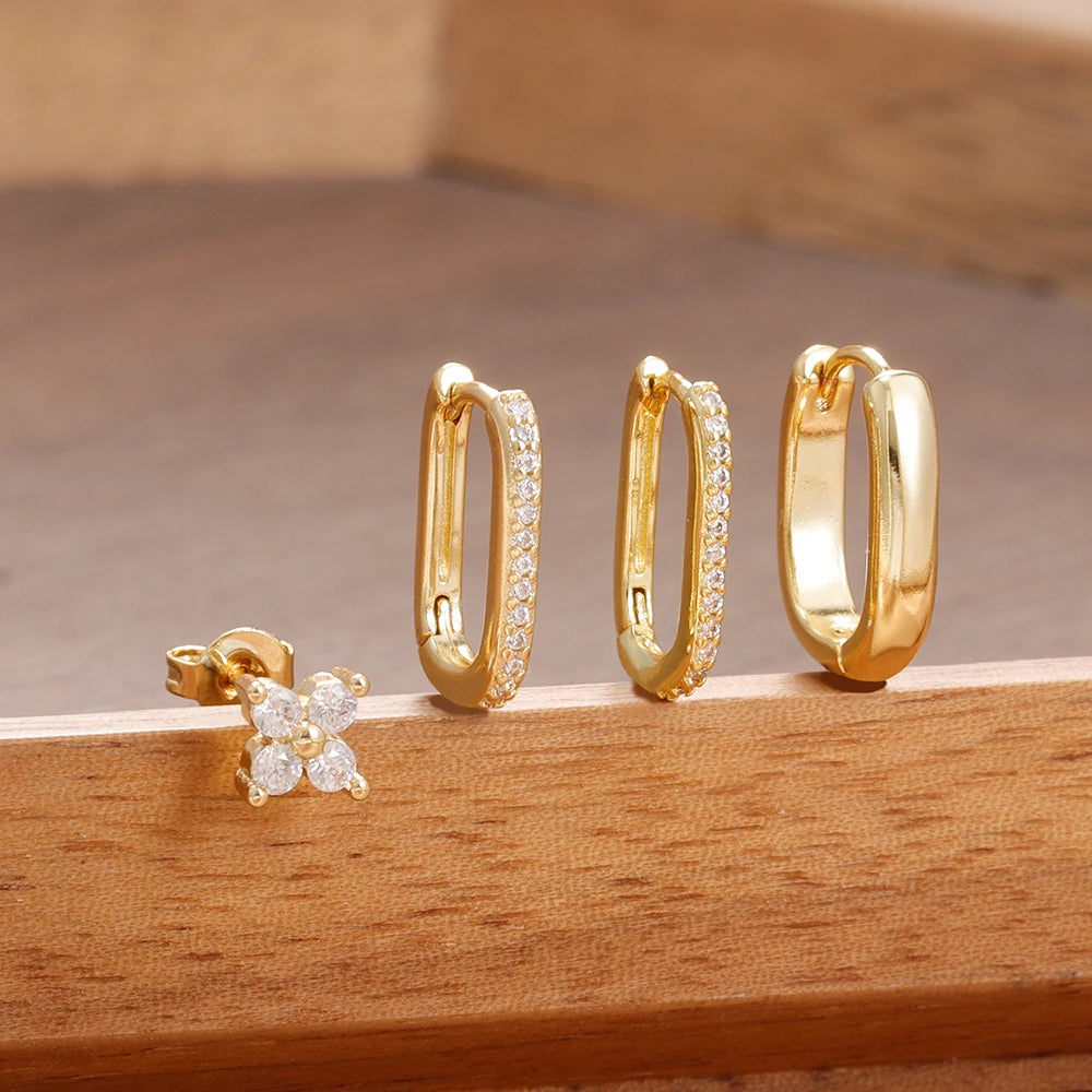 4PCS Simple Zircon U-Shape Hoop Earrings Set Stainless Steel Flower