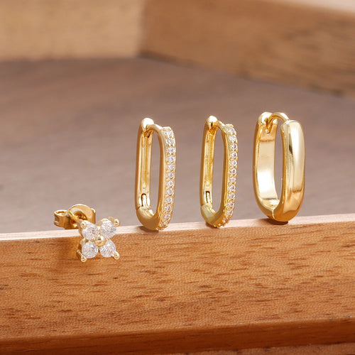 4PCS Simple Zircon U-Shape Hoop Earrings Set Stainless Steel Flower