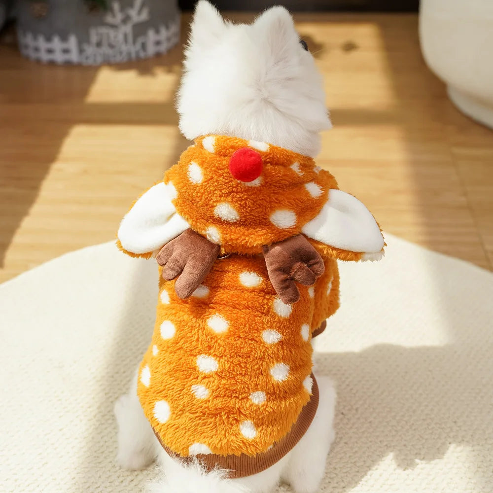 Festive Reindeer Pet Costume Cozy Plush Dog Cat Hoodie Outfit Winter Photo