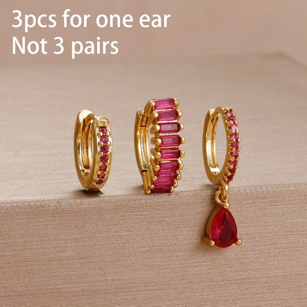 3PCS Unique Stainless Steel Earrings Set Rose Red Crystal Zircon