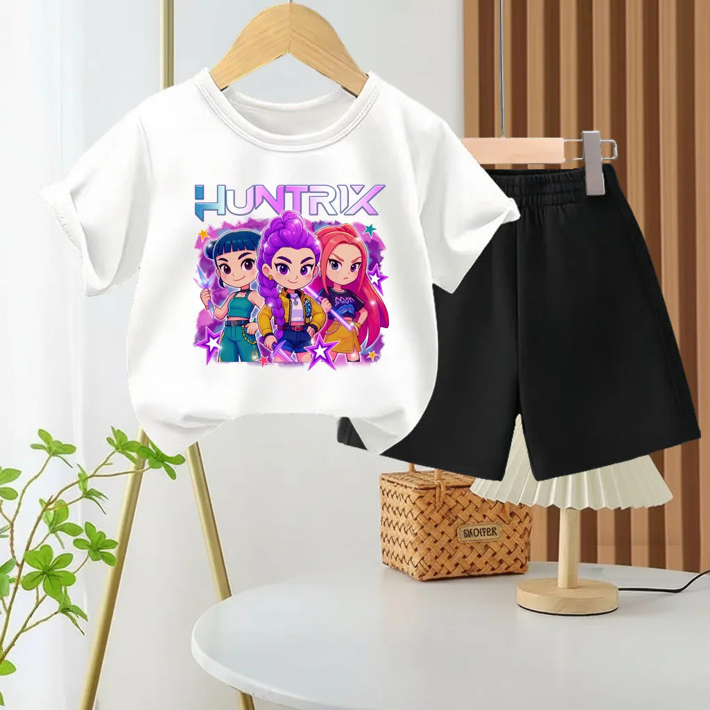 K-pop Girls Summer Casual Outfit Cartoon Print T-Shirt and Shorts Set