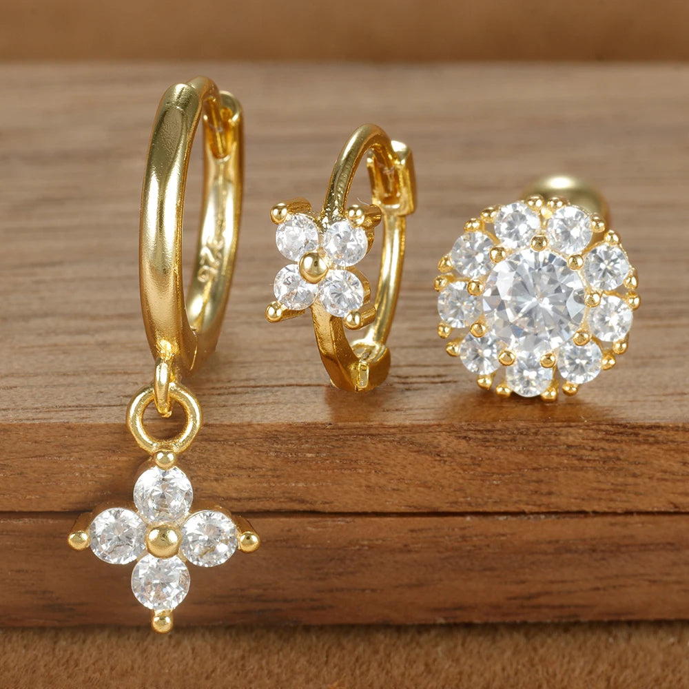 3PCS Four Flower Zircon Little Hoop Earring Star Cartilage Piercing