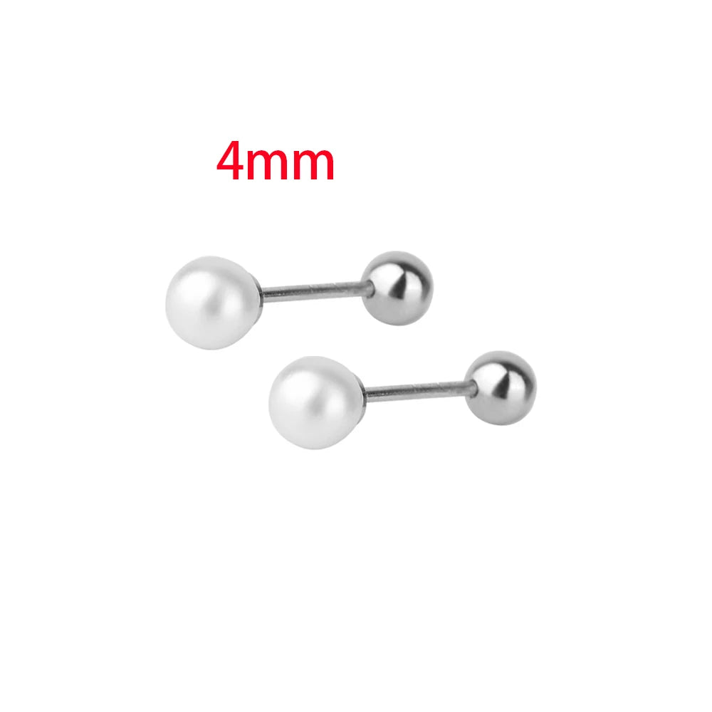 2PCS Stainless Steel Pearl Ear Studs Earrings Women Men 3-5mm