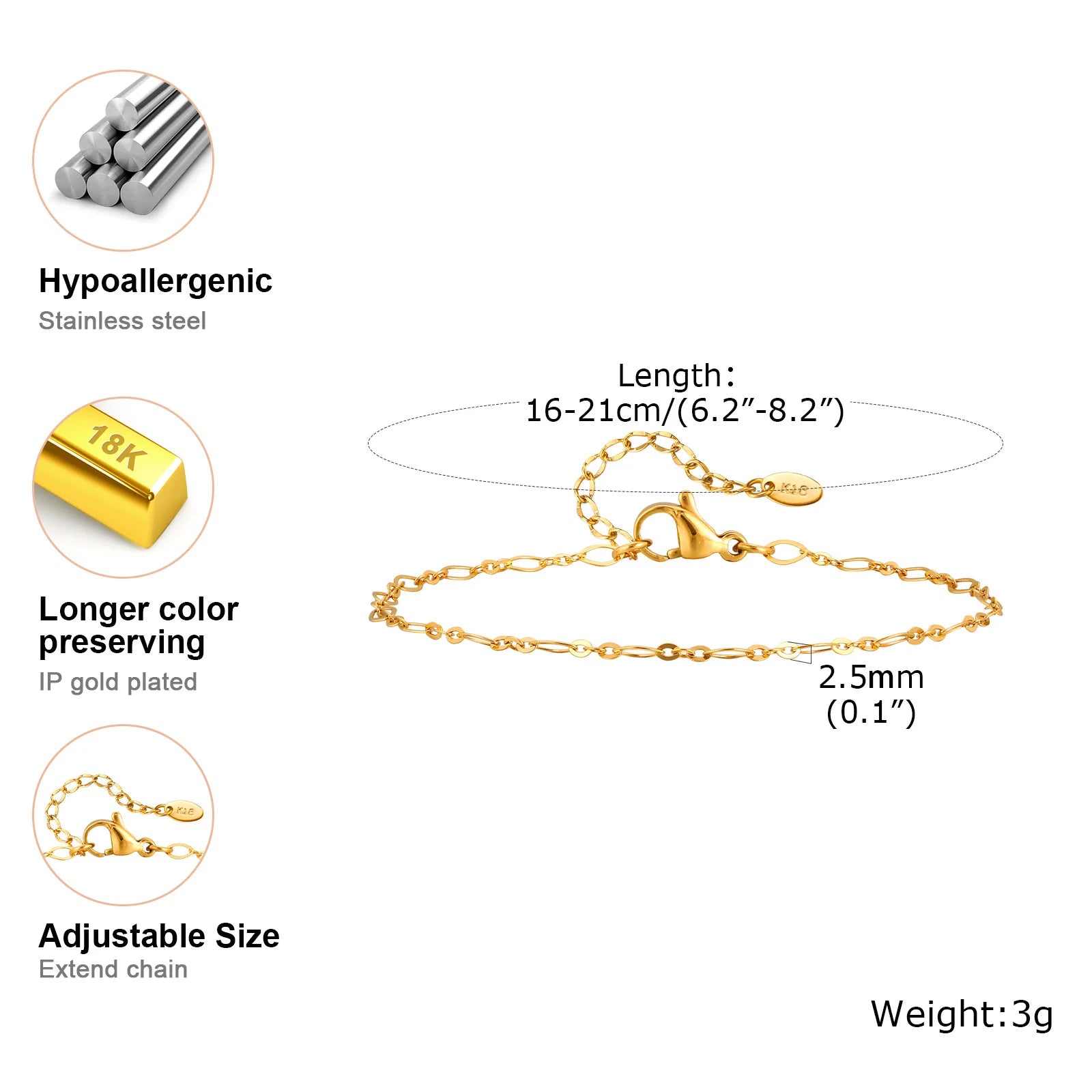 Gold Plated Link Bracelet for Women, Stainless Steel Stackable Chain Wristband, Adjustable Waterproof Jewelry