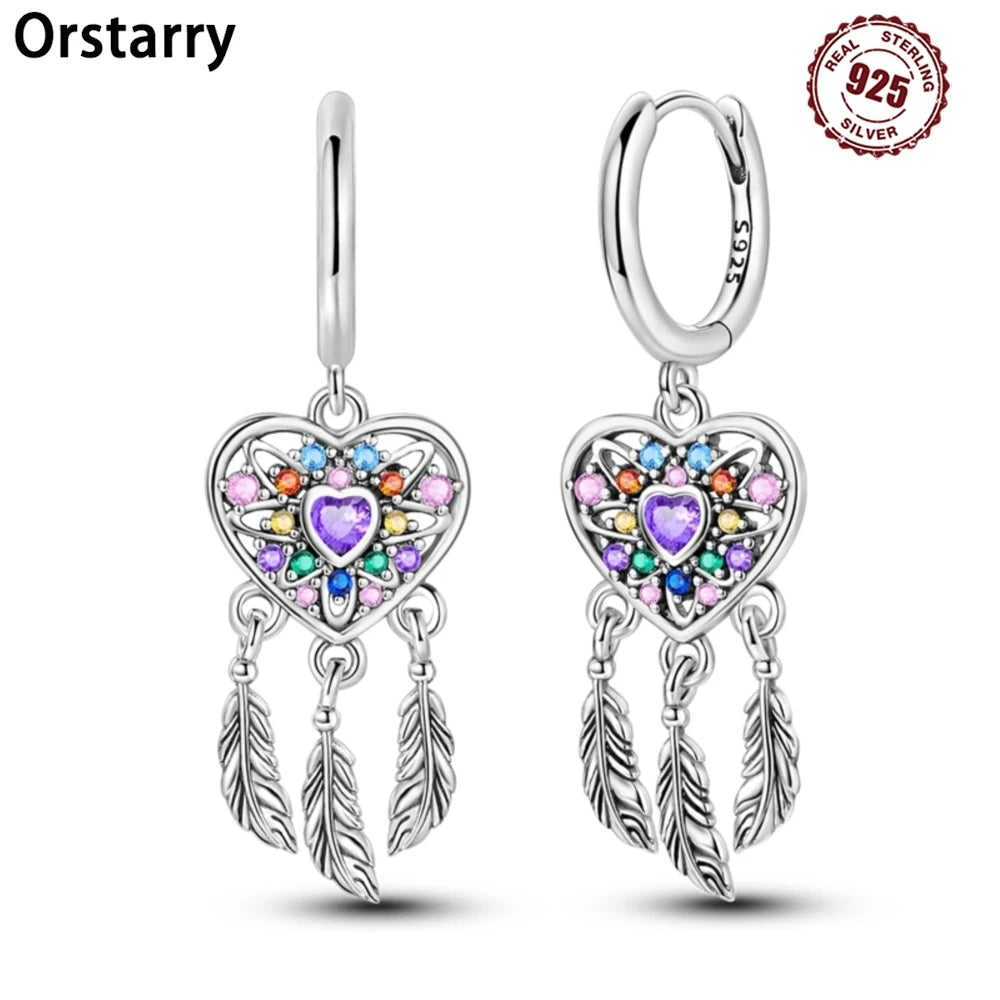 925 Sterling Silver Heart Dreamcatcher Drop Earrings Fashion Versatile Gift