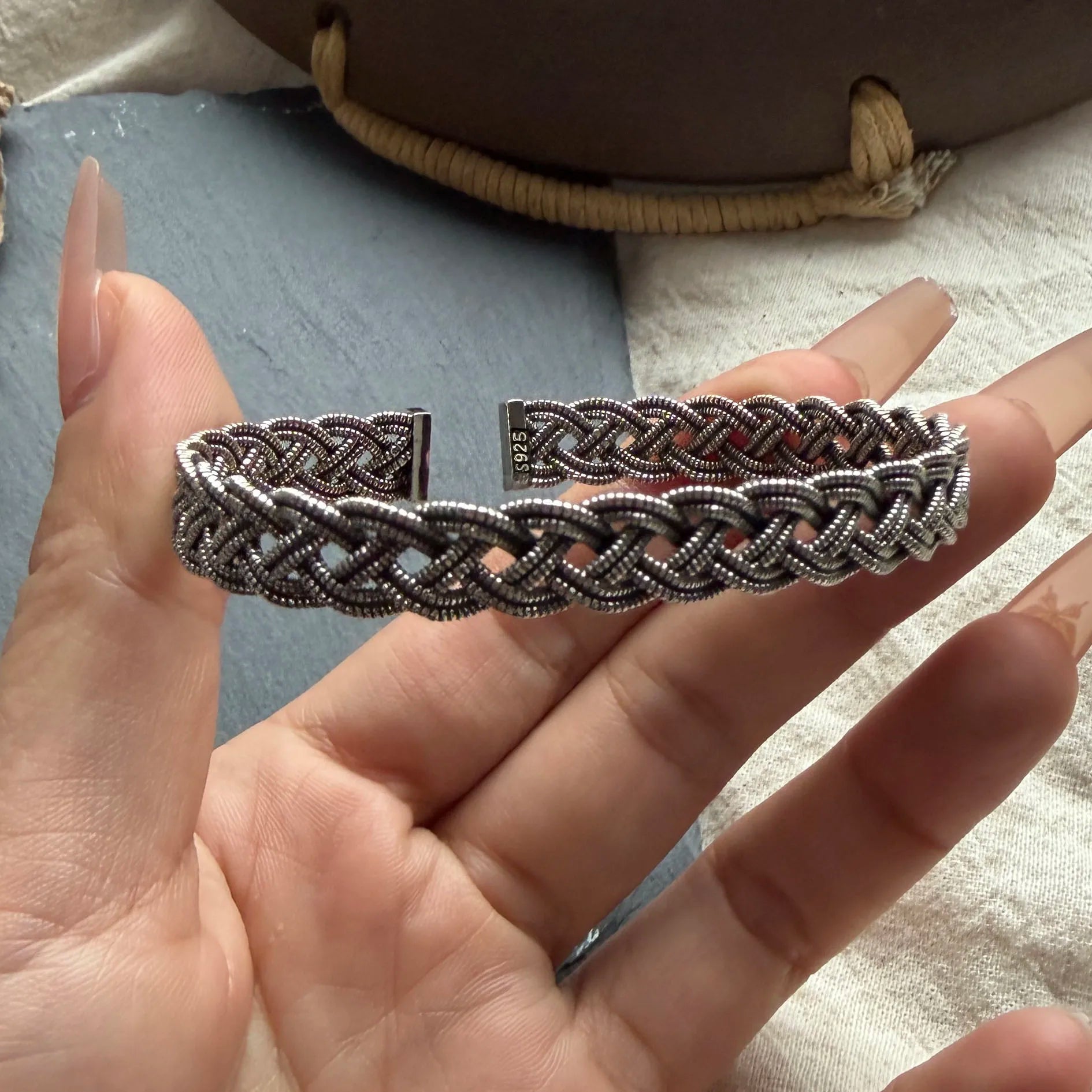 100% Solid 925 Sterling Silver Metal Bracelet for Women Men Vintage Black Stone Letters Handmade Simple Birthday Gift