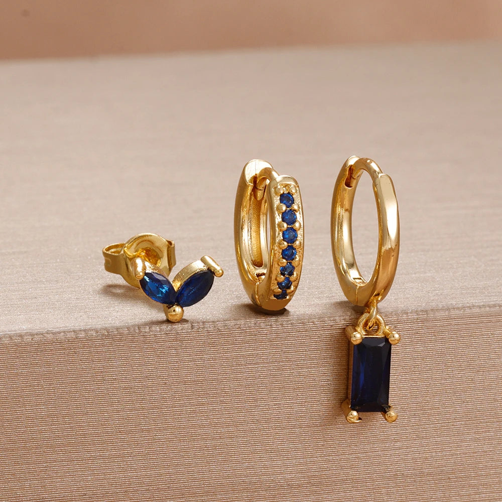 3PCS Cute Flower Stainless Steel Blue Zircons Small Hoop Earrings