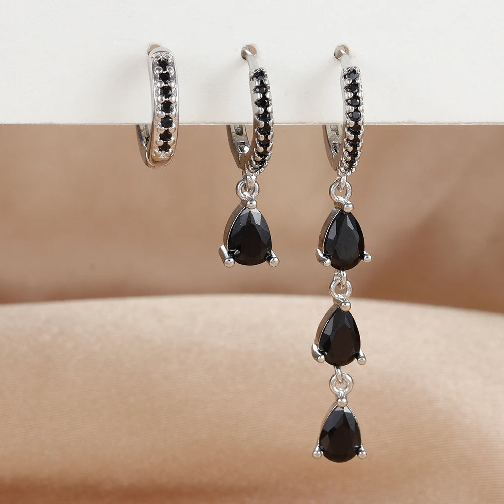 3PCS Stainless Steel Zircon Water Drop Hoop Earrings 18K Gold Heart