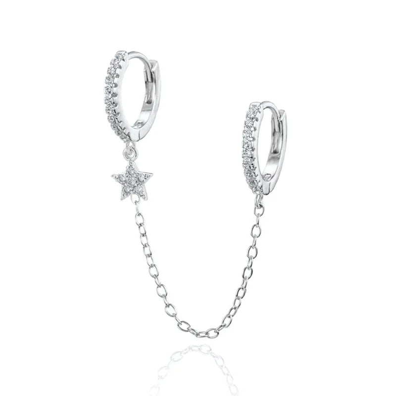 Vintage Stainless Steel Crystal Star Chain Hoop Earrings Trendy Punk