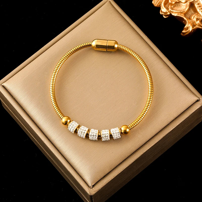 Heart Roman Numeral Zircon Bead Stainless Steel Snake Bone Bracelet