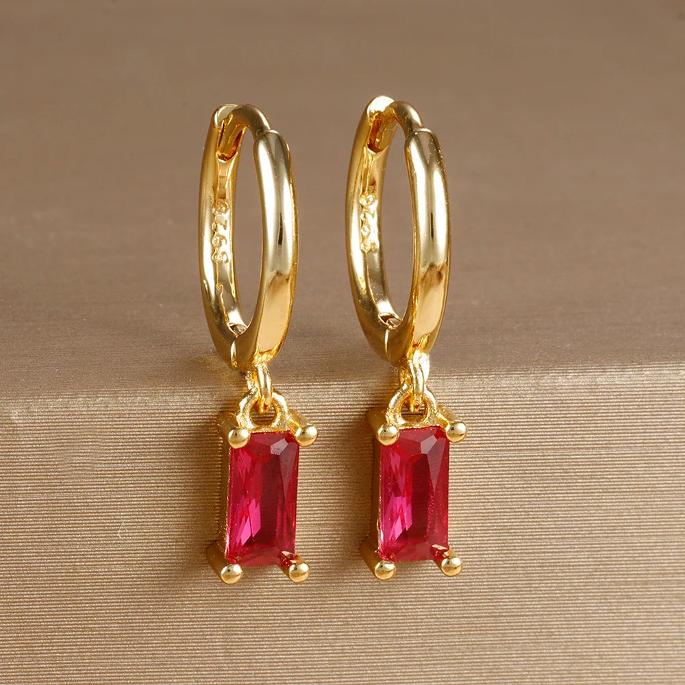 18K Gold Plated Green Zirconia Huggies Hoop Earrings Square Pendant