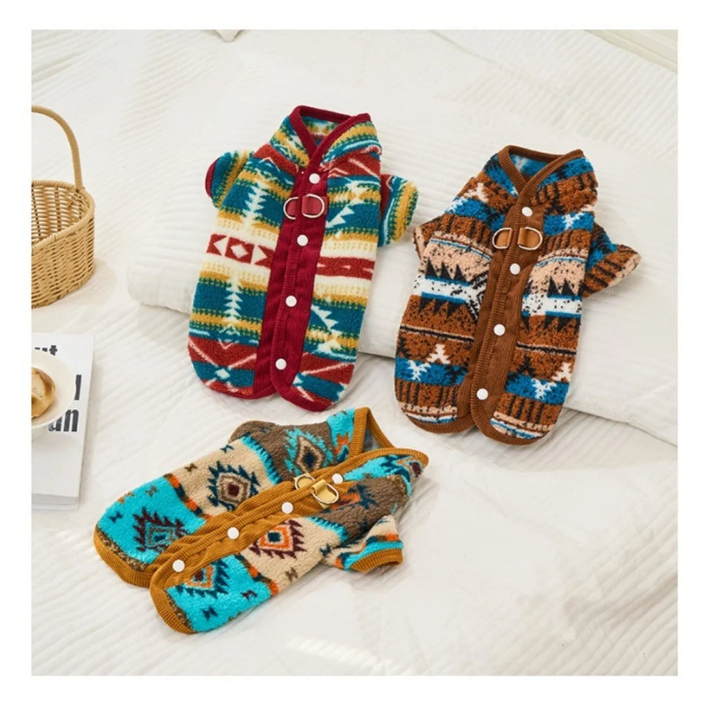Boho Chic Dog Cat Winter Vest Traditional Pattern Sweater with Back Opening