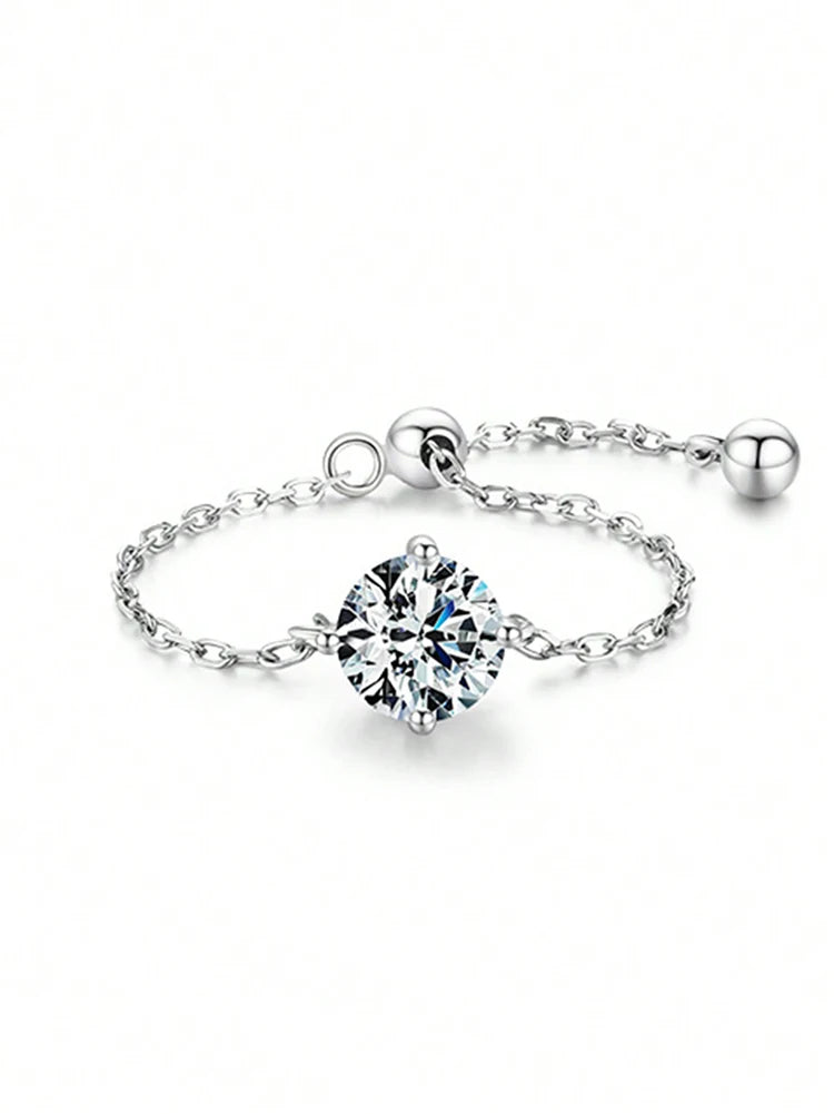 Certified Moissanite Chain Ring 1CT Oval Pear Cut Adjustable 925 Sterling Silver