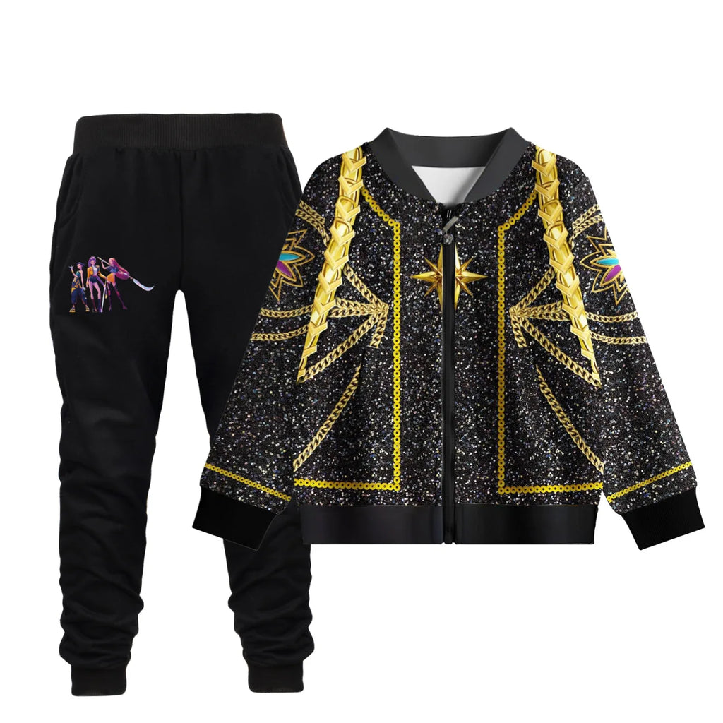 Girls Kpop Demon Hunters Rumi Cosplay Costume Coat & Pants 2PC Halloween Suit
