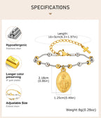 Two Tone Stainless Steel Virgin Mary Bracelet for Women, Rosary Beaded Cross Bracelets, Non Tarnish Religious Jewelry