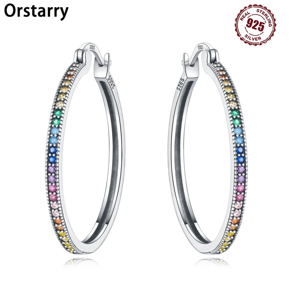 925 Sterling Silver Rainbow Gradient Versatile Hoop Earrings Fine Birthday Gift
