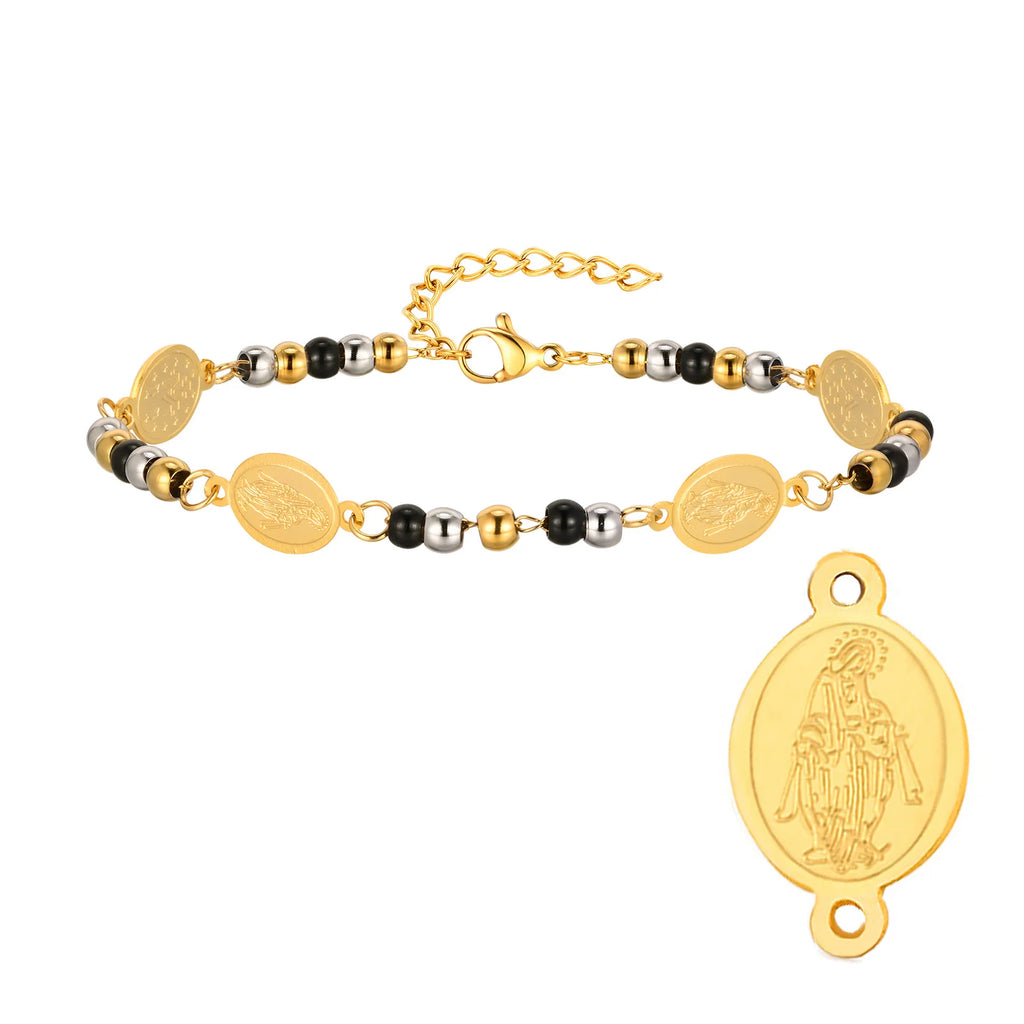 Stainless Steel Virgin Mary St Benedict Cross Bracelet, Bead Chain Bracelet Women Religious Jewelry