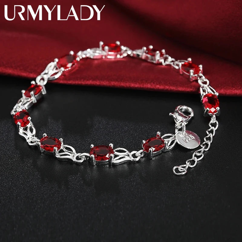 Red Crystal Chain Bracelet 925 Sterling Silver Women Fashion Wedding Gift