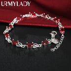 Red Crystal Chain Bracelet 925 Sterling Silver Women Fashion Wedding Gift