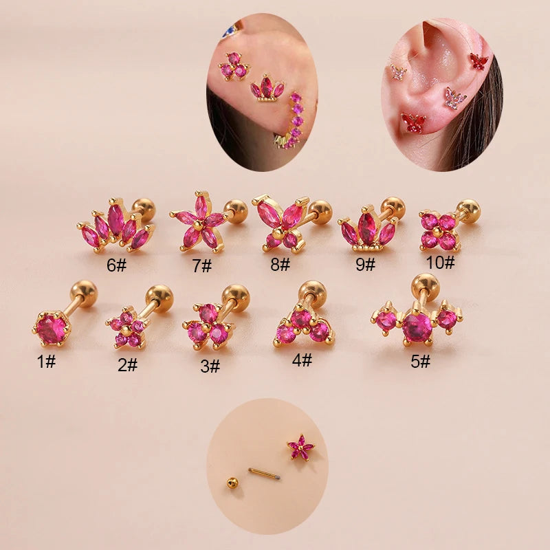 2PCS New Stainless Steel Rose Red Mini Piercing Stud Earrings