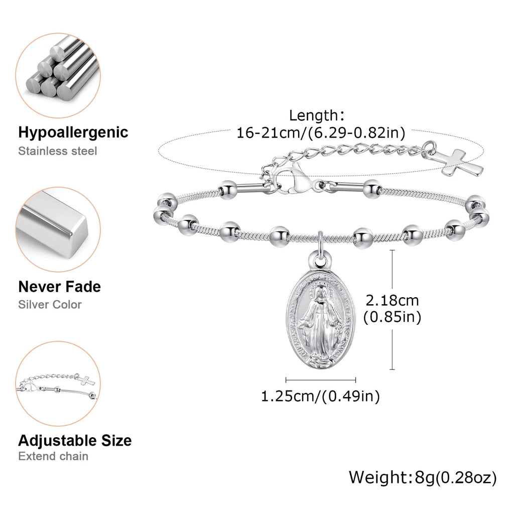 18k Gold Plated Virgin Mary Bracelet Gold Plated, Rosary Bead Cross Bracelets For Women, Stainless Steel Faith Jewelry
