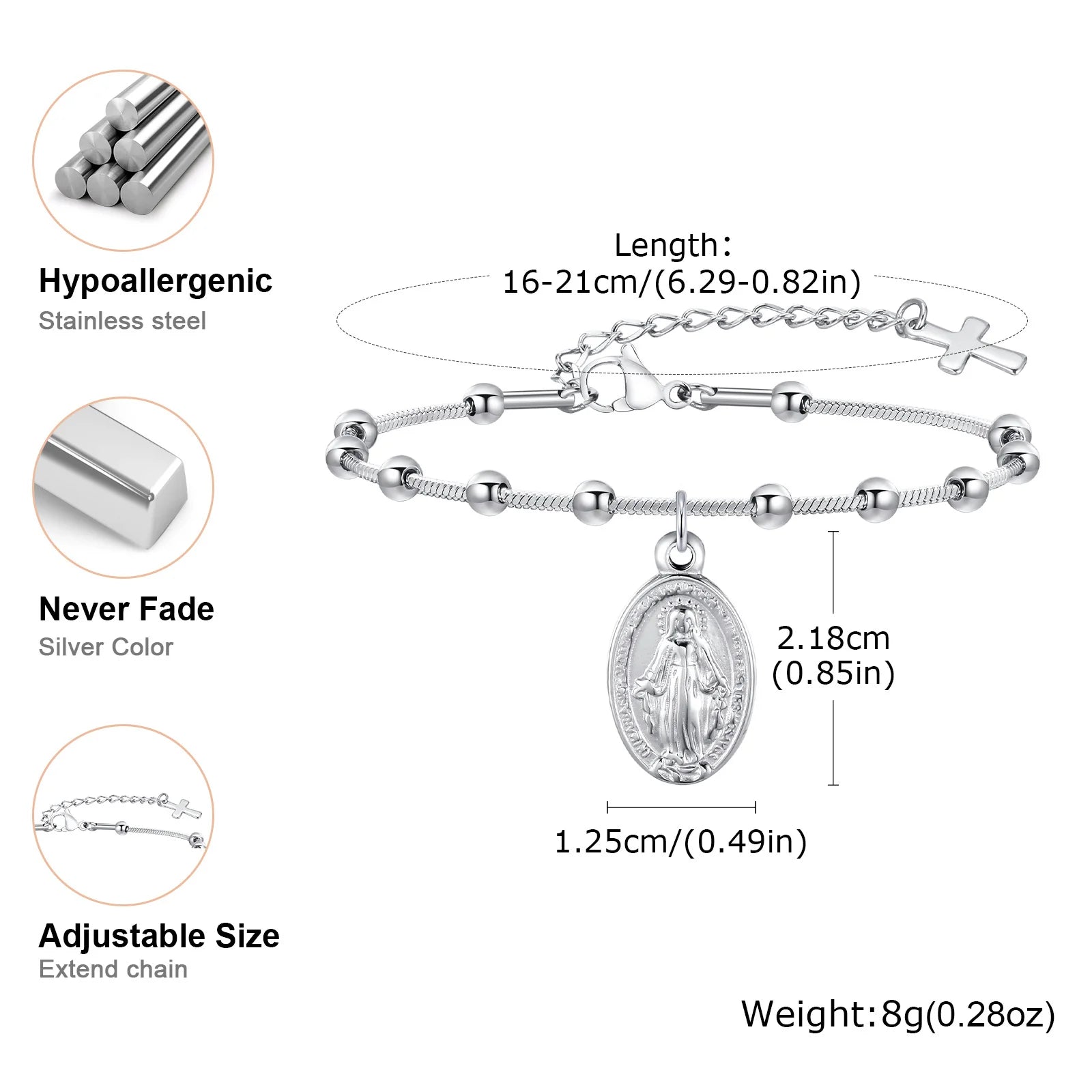 18k Gold Plated Virgin Mary Bracelet Gold Plated, Rosary Bead Cross Bracelets For Women, Stainless Steel Faith Jewelry
