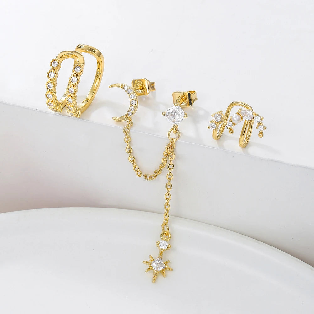New Stainless Steel Cubic Zirconia Star Moon Dangle Chain Earrings