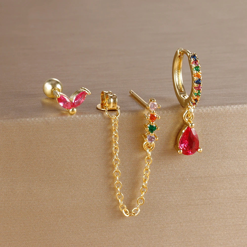 3PCS 9 Styles Gold Plated Geometric Circle Piercing Earrings Set