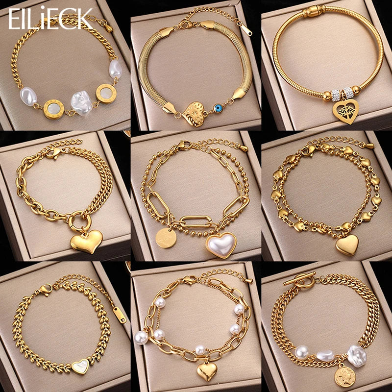 Heart Pearls Stainless Steel Charm Bracelet Girls Birthday Jewellery
