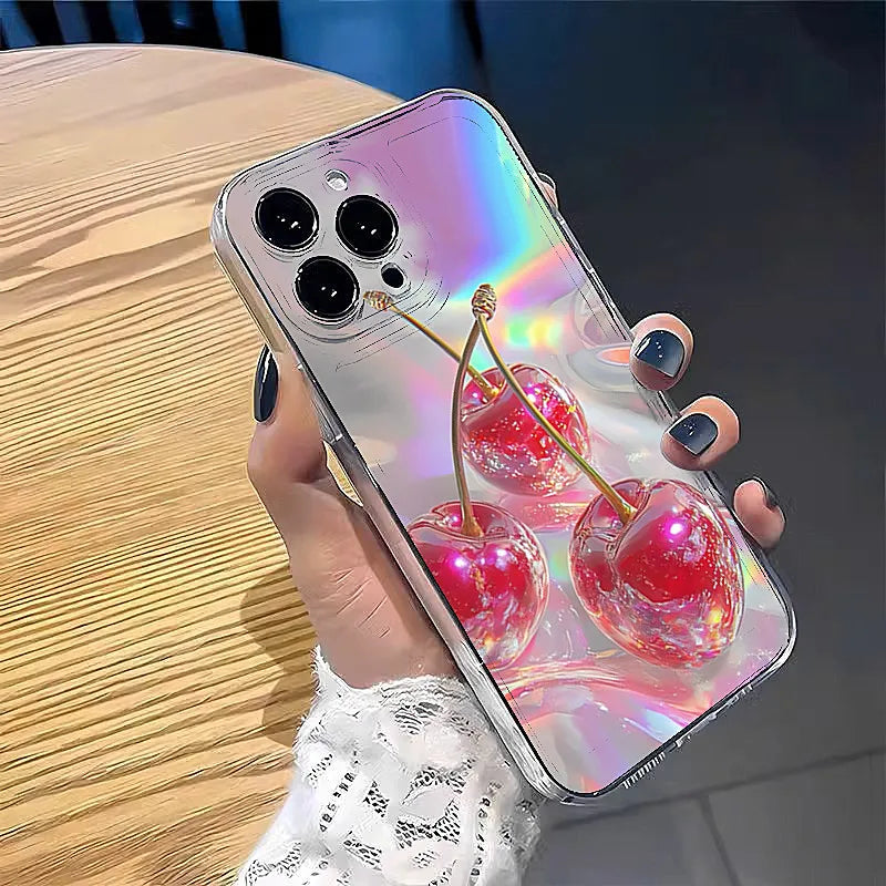 Crystal Cherry Print Case for iPhone 17 16 15 14 13 12 11 Pro Max Plus Air