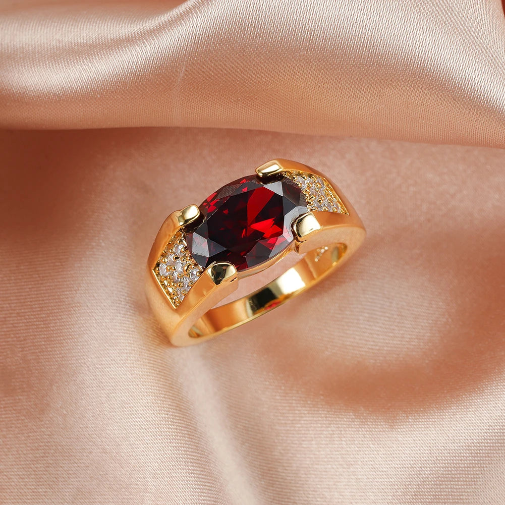 Unisex Female Male Oval Red Stone Rings For Women Men Gold Color Luxury Zircon Wedding Bands Engagement Ring Party Jewelry Gifts
