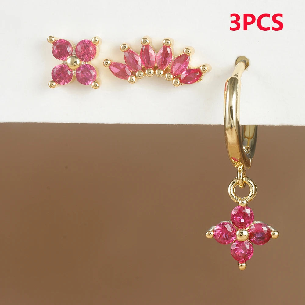 3PCS Zircon Flower Pendant Earring Sets Stainless Steel Cartilage