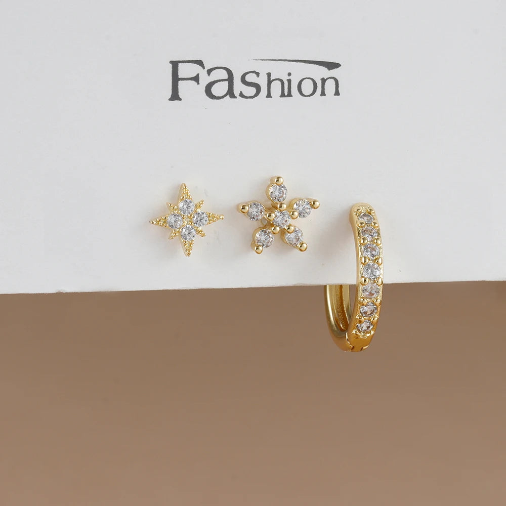 3PCS Trendy Double-layer Circle Cubic Zircon Star Hanging Earrings