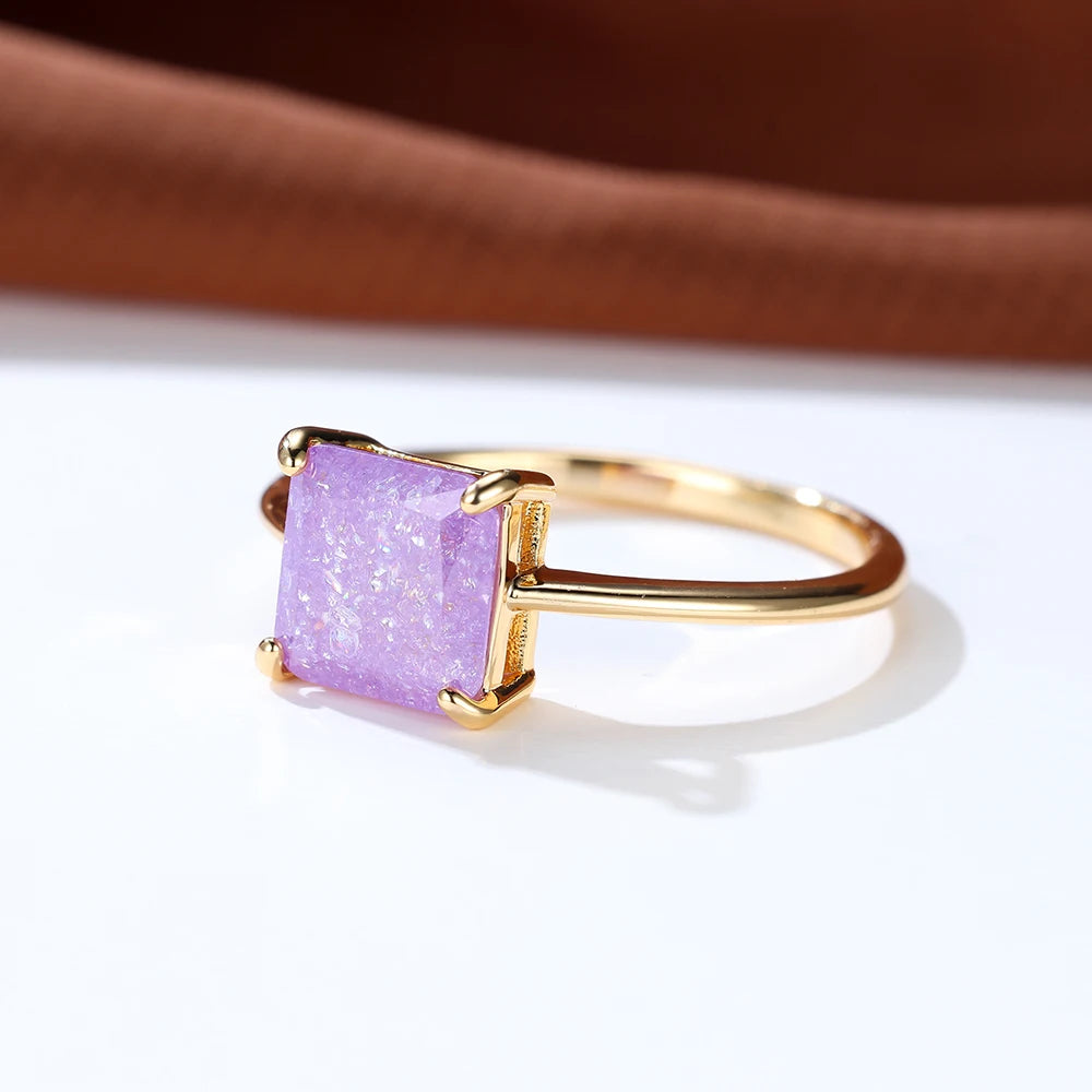 Delicate Purple Yellow Ice Flower Stone Square Rings For Women Silver Gold Color White Zircon Thin Wedding Bands Party Jewelry
