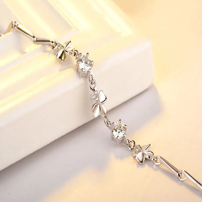 Zircon Lucky Clover Bracelet 925 Sterling Silver Crystals Wedding Jewellery