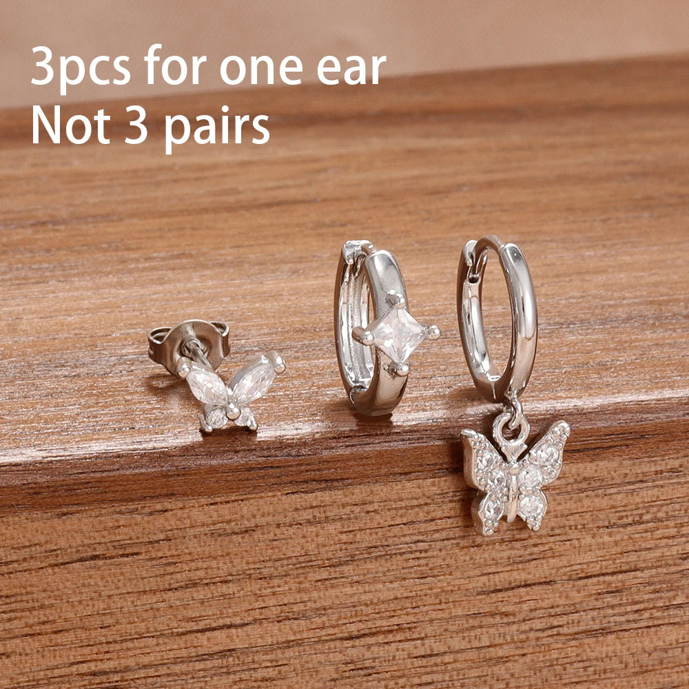 3PCS Korean Stainless Steel Butterfly Crystal Zirconia Hoop Earrings