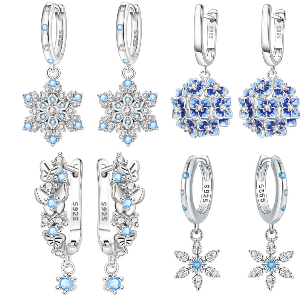 925 Sterling Silver Sparkling Blue Snowflake Drop Earrings Trendy Jewellery
