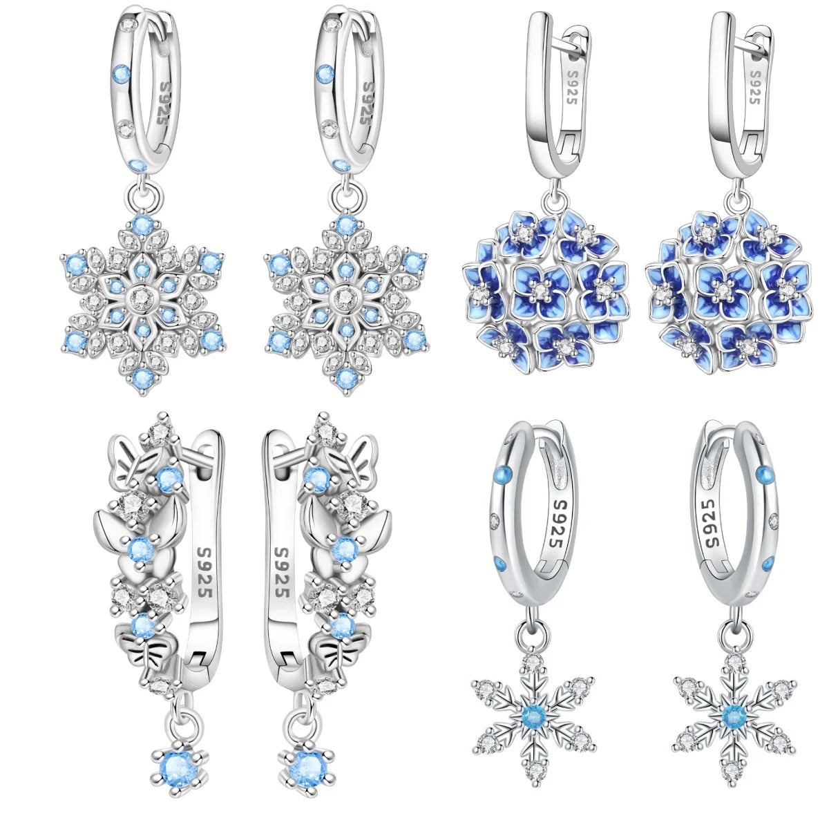925 Sterling Silver Sparkling Blue Snowflake Drop Earrings Trendy Jewellery