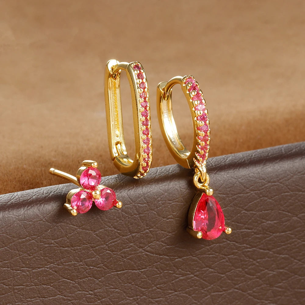 3PCS Water Drop Huggie Hoop Earrings Three-petal Flower Studs