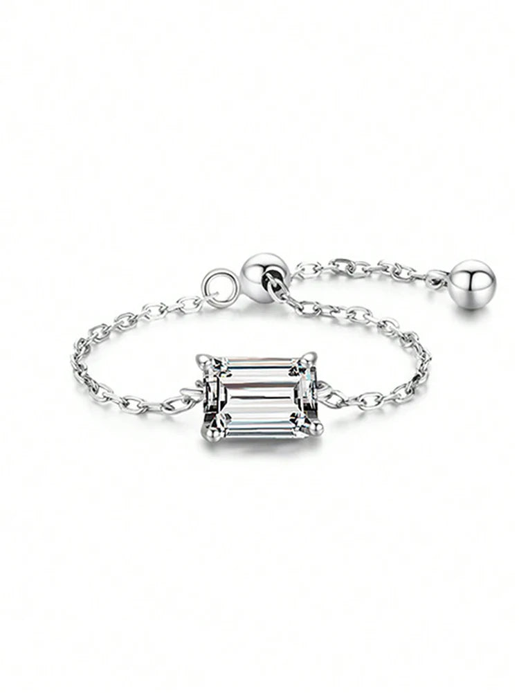 Certified Moissanite Chain Ring 1CT Oval Pear Cut Adjustable 925 Sterling Silver