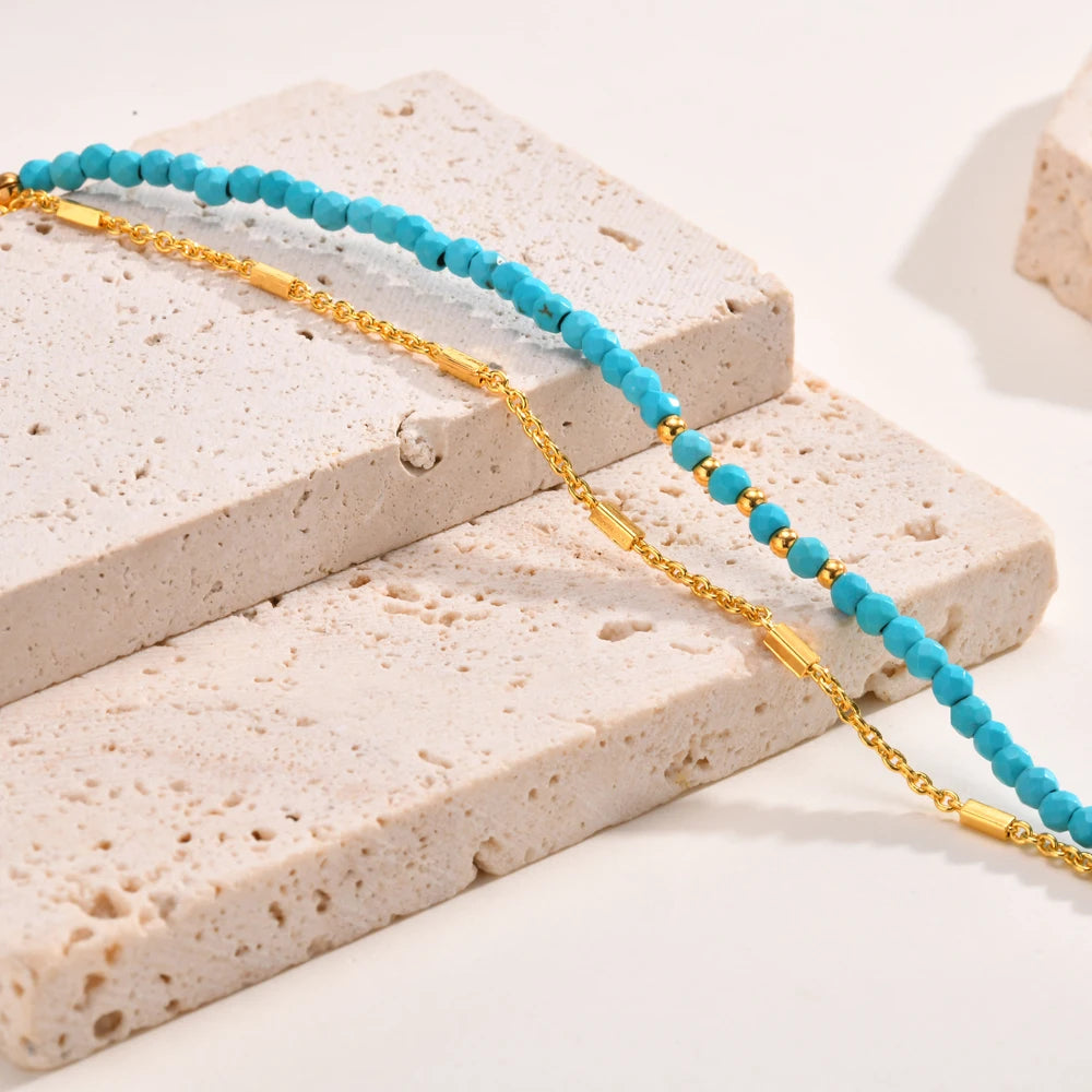 Turquoise Bracelet for Women, Double Chain Round Beaded Bracelet, Tarnish Free Gold Plated Jewelry Gift