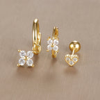 3PCS Vintage Design Four Flower Zircon Hoop Earrings Set Steel