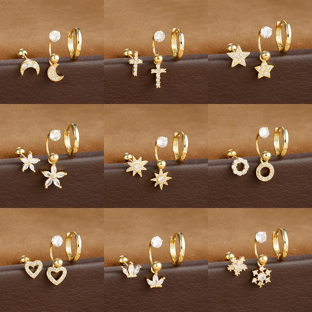 3pcs Stainless Steel Zircon Huggie Hoop Earrings Set Star Moon