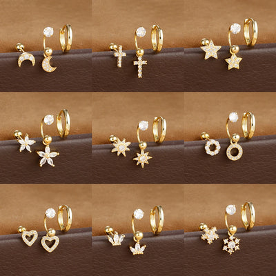 3pcs Stainless Steel Zircon Huggie Hoop Earrings Set Star Moon