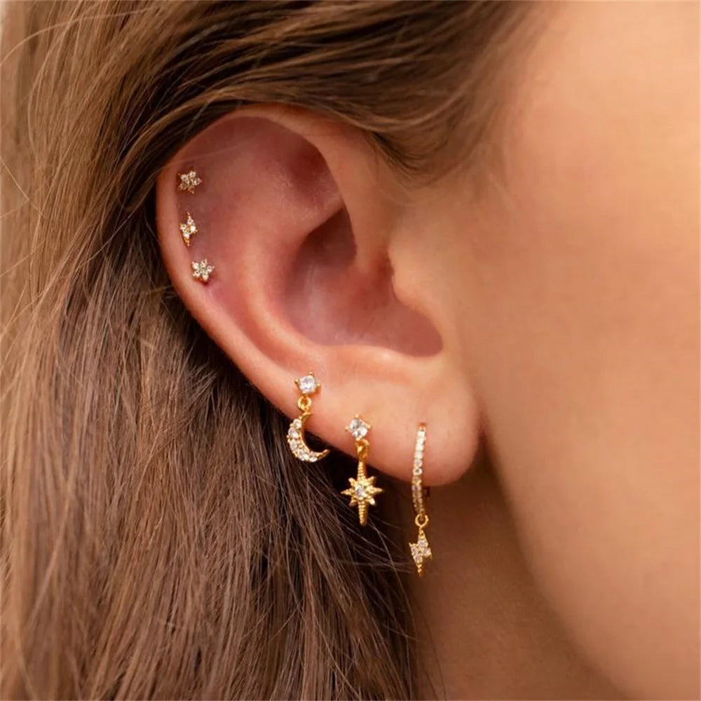 New Stainless Steel Zirconia Chain Hoop Earring Blue Star Moon Square