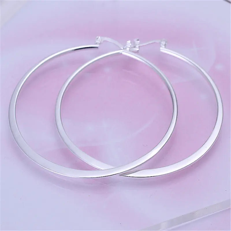 925 Sterling Silver 55mm Flat Circle Hoop Earrings Women Fashion Party Gift
