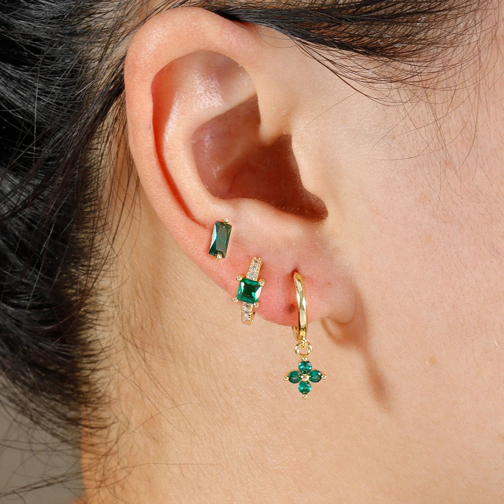3PCS Stainless Steel Flower Crystal Zirconia Hoop Earrings Square