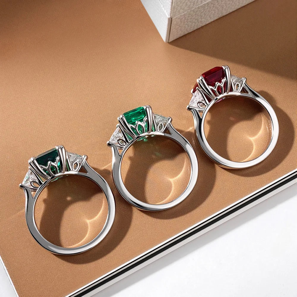 4ct Lab Grown Ruby Colombian Emerald Ring 925 Sterling Silver Moissanite Band