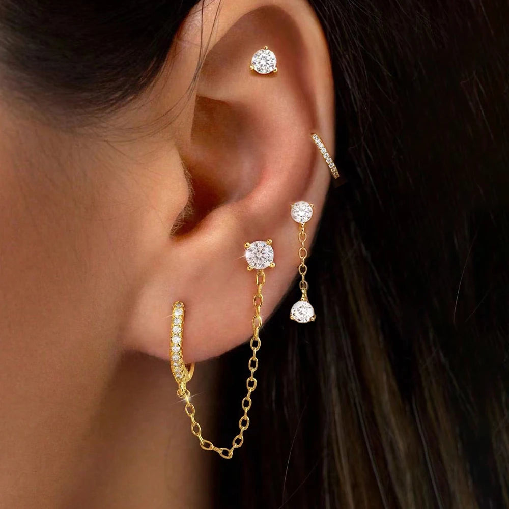4PCS Women's Earrings Set Stainless Steel Zirconia Moon Star Punk