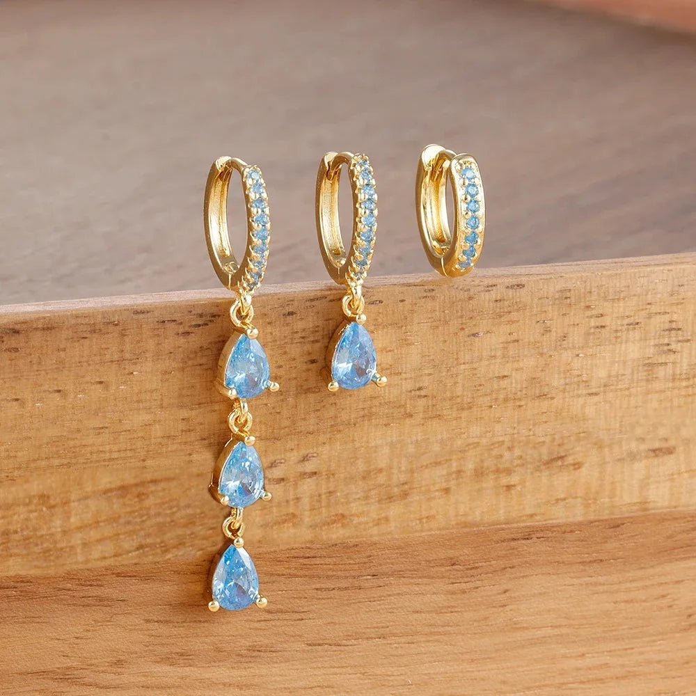 3PCS Exquisite Crystal Zirconia Water Drop Gold Colour Dangle Set